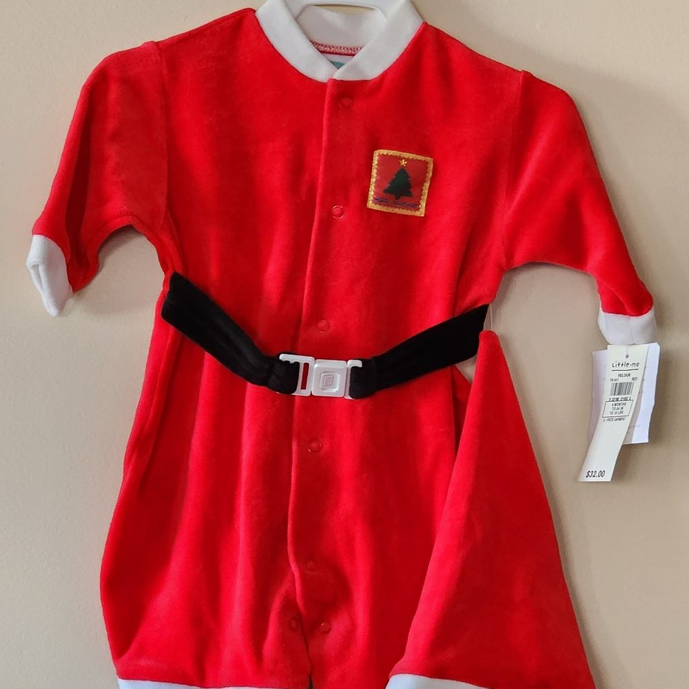 "Little Me" Velour Playwear 1 Piece Santa Outfit with Hat 3 mths 24" 12 lbs NWT